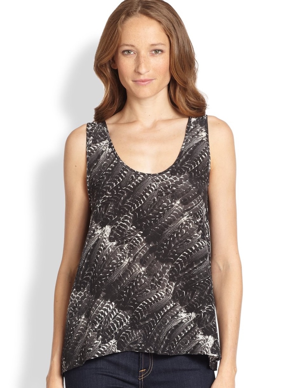 Joie Black & White Feather-Print Silk Tank